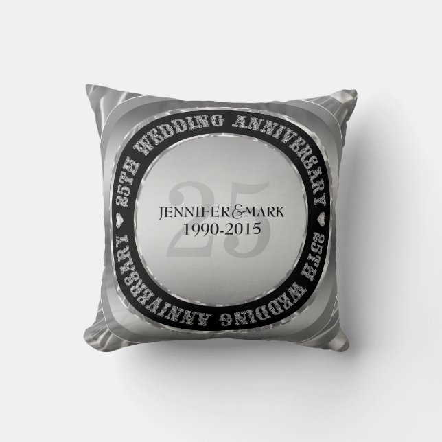 25Th Wedding Anniversary Metallic Silver & Black Throw Pillow (Front)