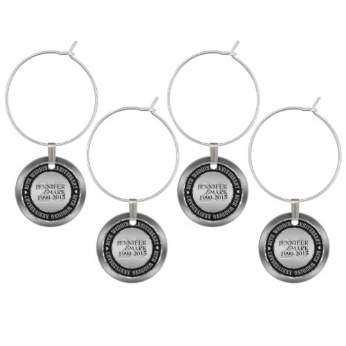 25Th Wedding Anniversary Metallic Silver  Black Wine Glass Charm