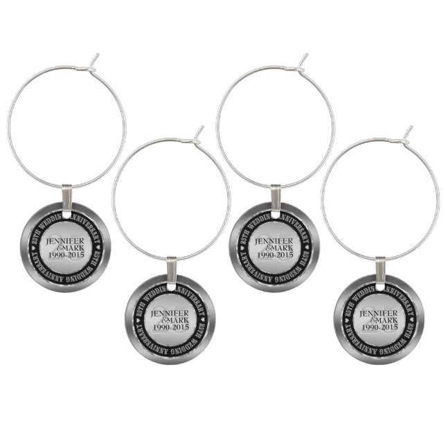 25Th Wedding Anniversary Metallic Silver & Black Wine Glass Charm (Staggered)