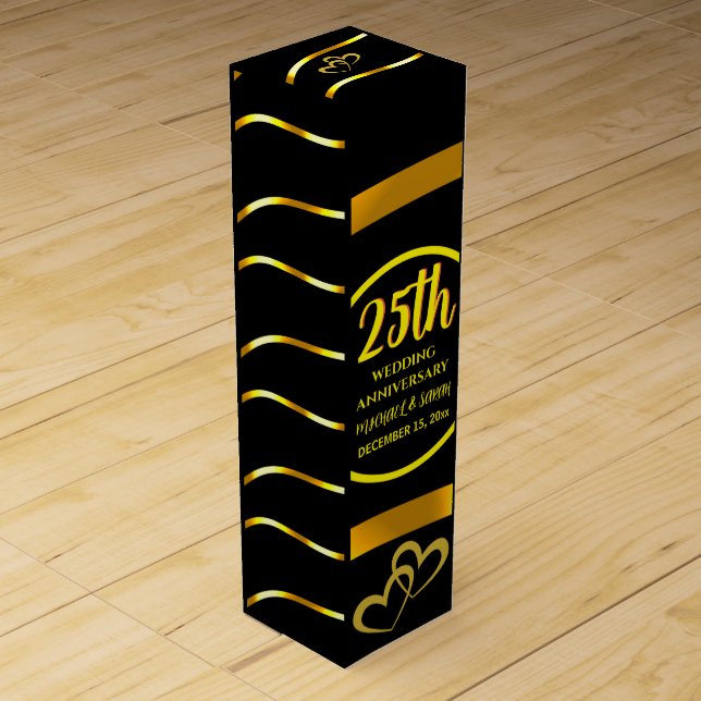25th Wedding Anniversary Modern Black Gold Stripe Wine Box (Front)
