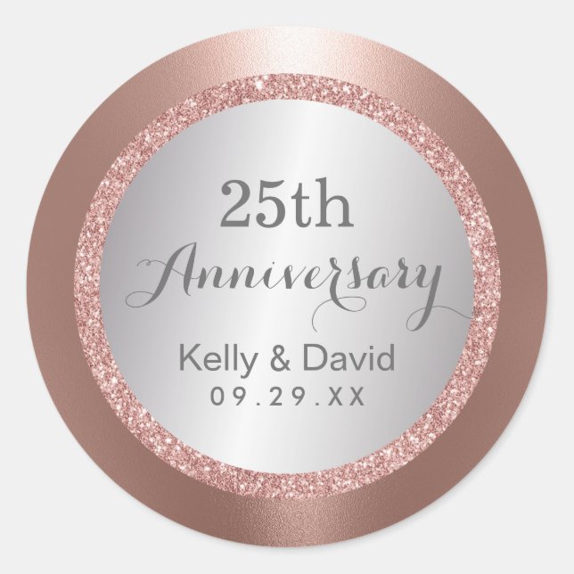 25th Wedding Anniversary Modern Rose Gold Silver Classic Round Sticker (Front)
