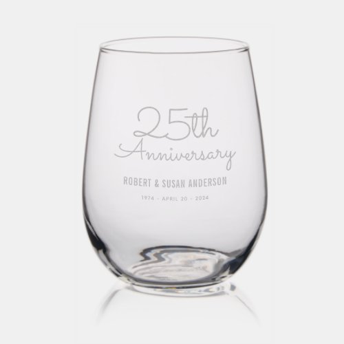 25th Wedding Anniversary Modern Script Stemless Wine Glass