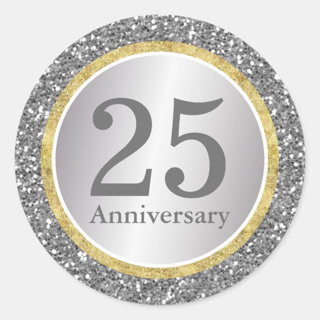 25th Wedding Anniversary Modern Silver & Gold Classic Round Sticker (Front)