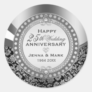 25th Wedding Anniversary Ornament Black & Silver Classic Round Sticker