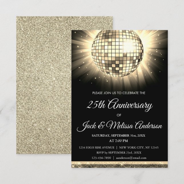 25th Wedding Anniversary Party Gold Disco Ball Invitation (Front/Back)