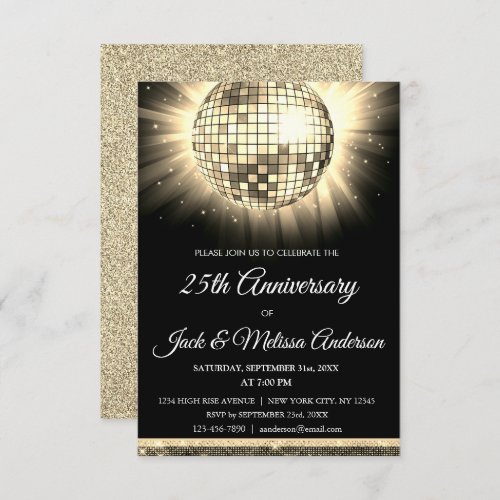25th Wedding Anniversary Party Gold Disco Ball Invitation
