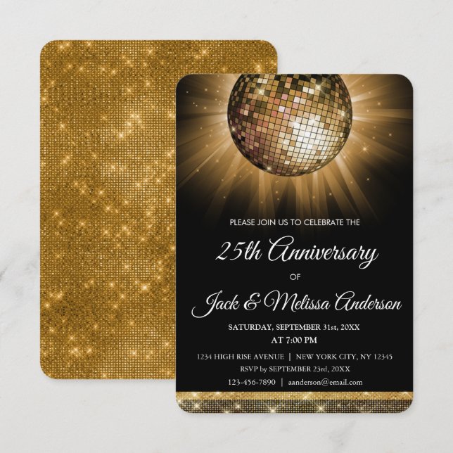 25th Wedding Anniversary Party Gold Disco Ball Invitation (Front/Back)