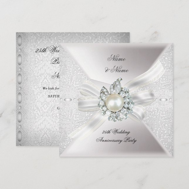 25th Wedding Anniversary Party Lace Pearl White Invitation (Front/Back)