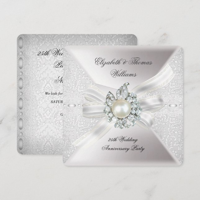25th Wedding Anniversary Party Lace Pearl White Invitation (Front/Back)