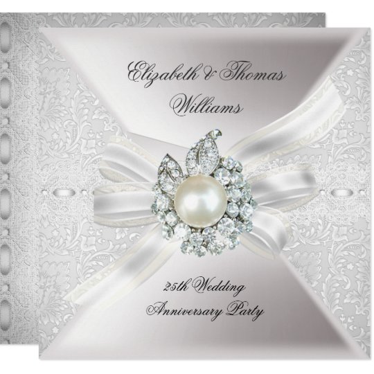  25th  Wedding  Anniversary  Party Lace Pearl White Invitation  