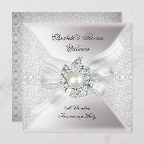 25th Wedding Anniversary Party Lace Pearl White Invitation