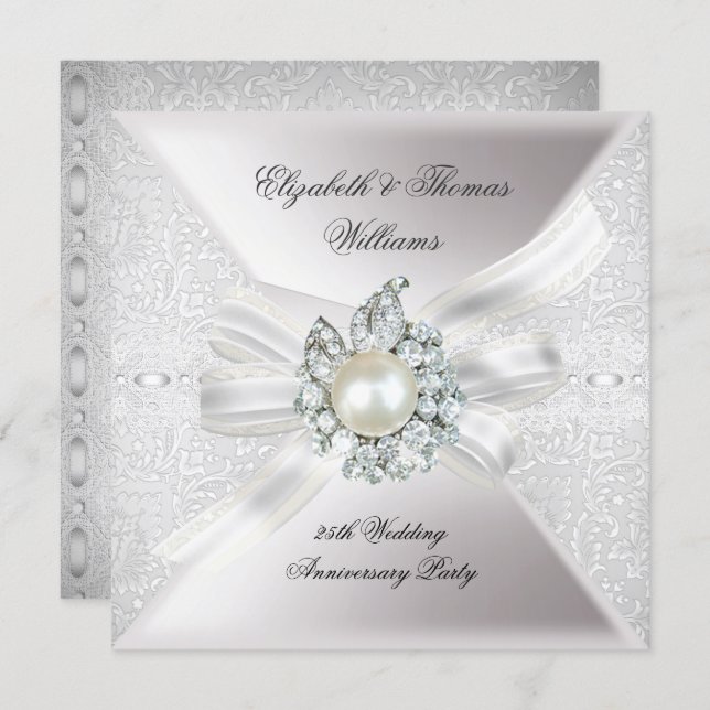 25th Wedding Anniversary Party Lace Pearl White Invitation (Front/Back)