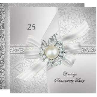 25th Wedding Anniversary Party Pearl White Silver Invitation