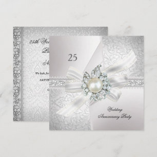 25th Wedding Anniversary Party Pearl White Silver Invitation