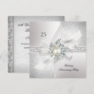 25th Wedding Anniversary Party Pearl White Silver Invitation