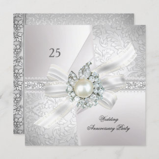 25th Wedding Anniversary Party Pearl White Silver Invitation