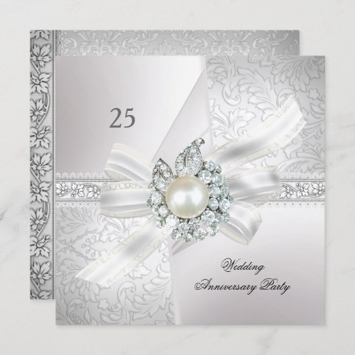 25th Wedding Anniversary Party Pearl White Silver Invitation