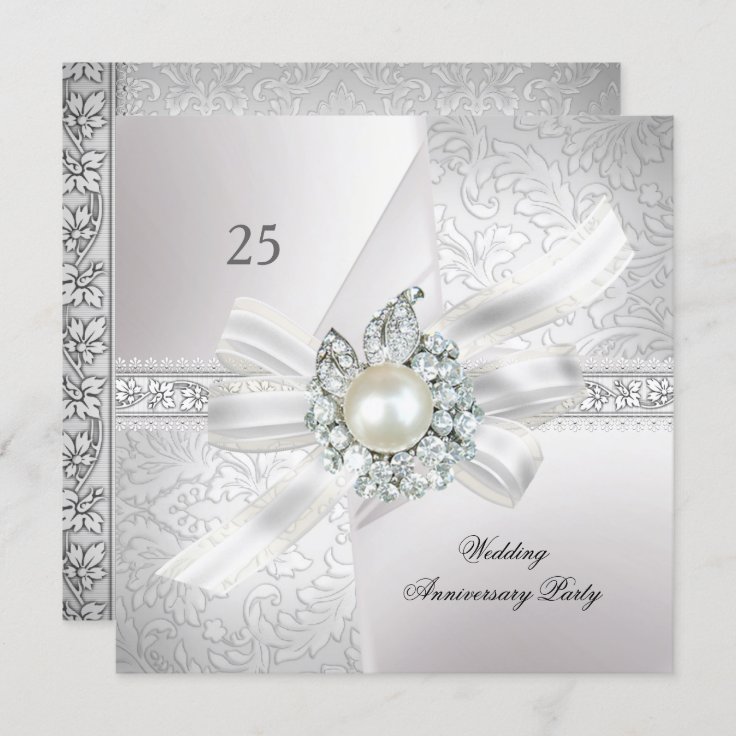 25th Wedding Anniversary Party Pearl White Silver Invitation | Zazzle