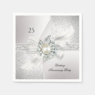 25th Wedding Anniversary Party Pearl White Silver Napkins