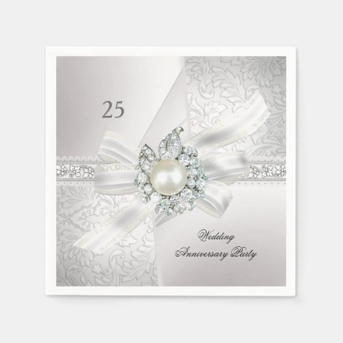 25th Wedding Anniversary Party Pearl White Silver Napkins