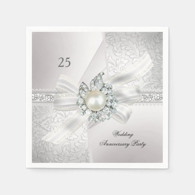 25th Wedding Anniversary Party Pearl White Silver Napkins (Front)
