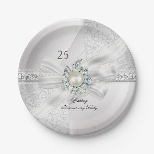 25th Wedding Anniversary Party Pearl White Silver Paper Plates