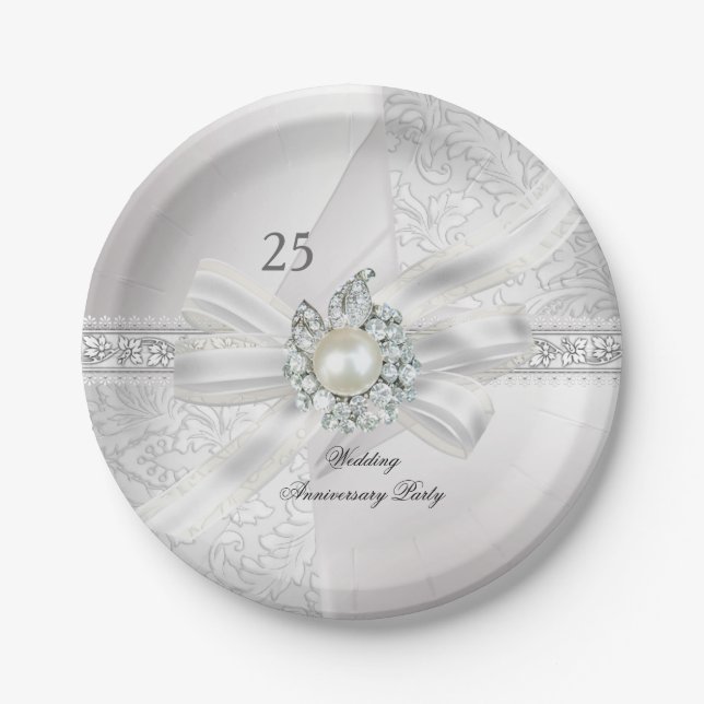 25th Wedding Anniversary Party Pearl White Silver Paper Plates (Front)