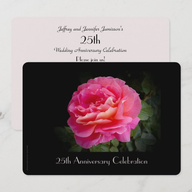 25th Wedding Anniversary Party Pink Rose Floral Invitation (Front/Back)