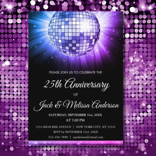 25th Wedding Anniversary Party Purple Disco Ball Invitation