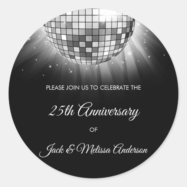 25th Wedding Anniversary Party Silver Disco Ball Classic Round Sticker (Front)