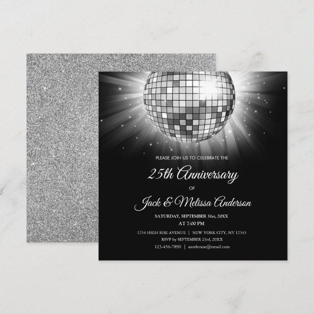 25th Wedding Anniversary Party Silver Disco Ball Invitation (Front/Back)