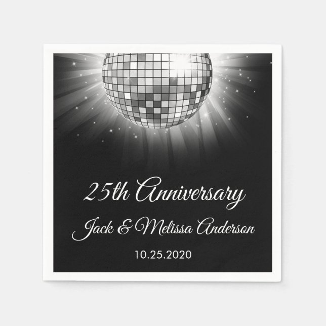 25th Wedding Anniversary Party Silver Disco Ball Paper Napkins (Front)