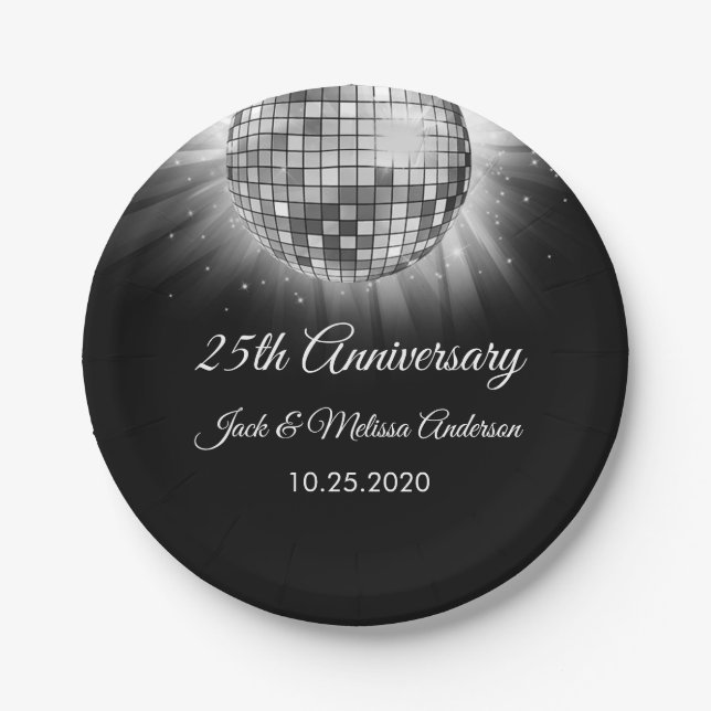 25th Wedding Anniversary Party Silver Disco Ball Paper Plates (Front)