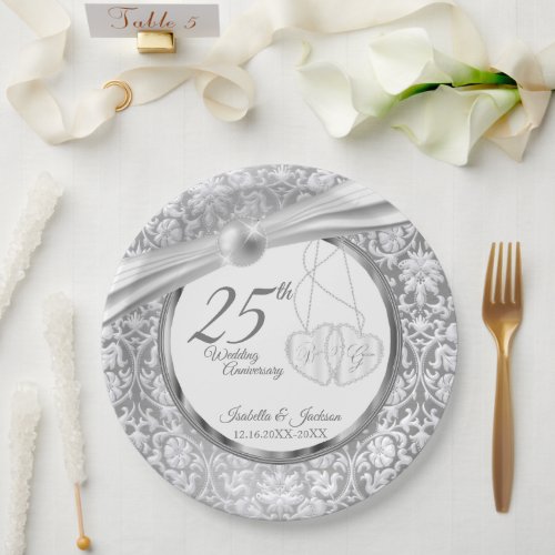 25th Wedding Anniversary _ Pearl White and Silver Paper Plates