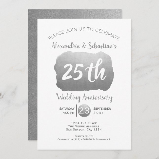 25th Wedding Anniversary Personalized Faux Silver Invitation (Front/Back)