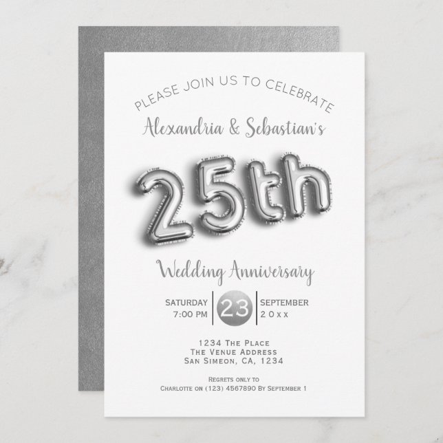 25th Wedding Anniversary Personalized Faux Silver Invitation (Front/Back)