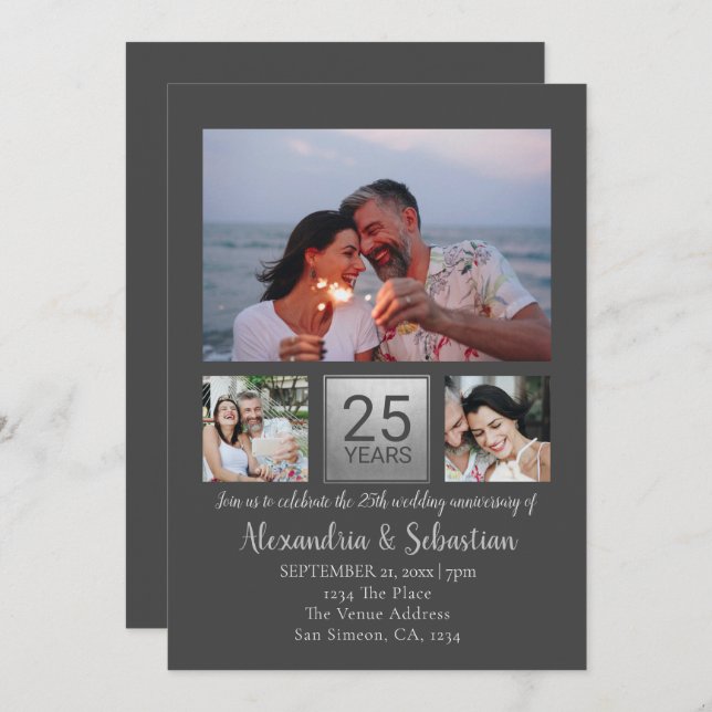 25th Wedding Anniversary Personalized Grey Silver Invitation (Front/Back)