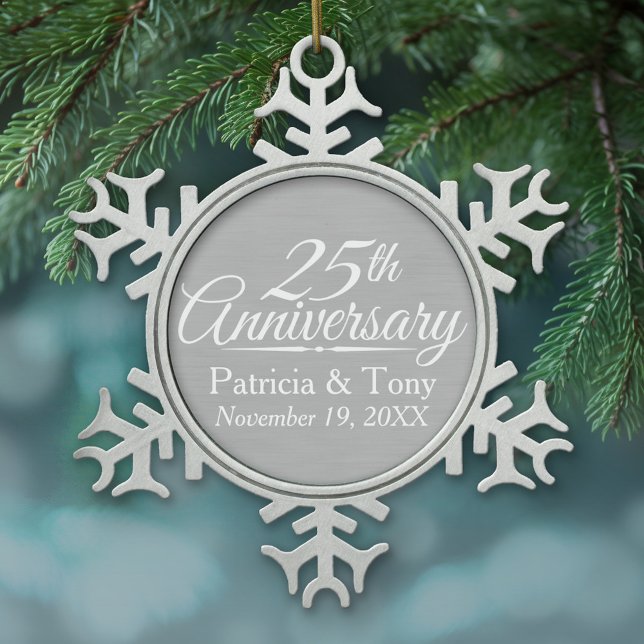 25th Wedding Anniversary Personalized Snowflake Pewter Christmas Ornament (Personalized Pewter Christmas Ornament - 25th Wedding Anniversary)