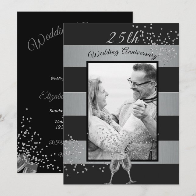 25th Wedding Anniversary Photo Black Silver Invitation (Front/Back)