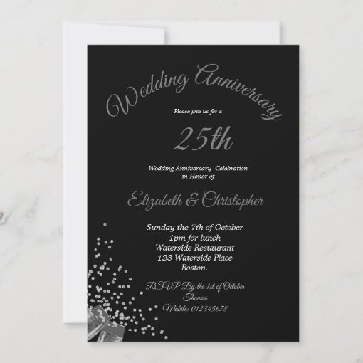 25th Wedding Anniversary Photo Black Silver Invitation | Zazzle