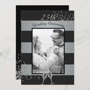 25th Wedding Anniversary Photo Black Silver Invitation