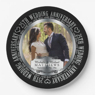 25th Wedding Anniversary Photo Black SIlver Tone Paper Plates