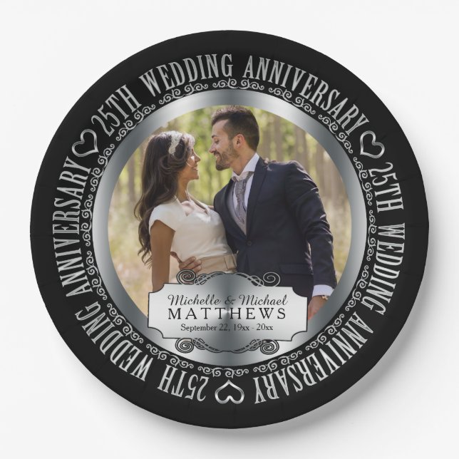 25th Wedding Anniversary Photo Black SIlver Tone Paper Plates (Front)