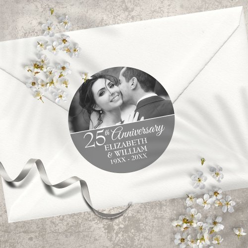 25th Wedding Anniversary Photo Elegant Silver Classic Round Sticker