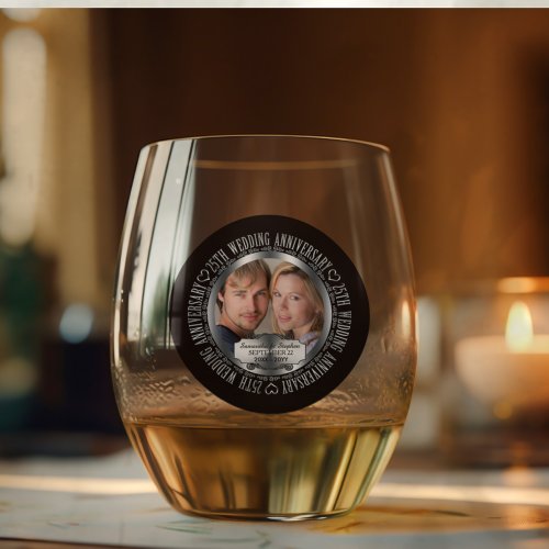 25th Wedding Anniversary Photo Names Date Stemless Wine Glass