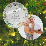 25th Wedding Anniversary Photo Roses Garland Ceramic Ornament<br><div class="desc">Featuring a delicate watercolor floral garland,  this chic botanical 25th wedding anniversary keepsake can be personalized with your special anniversary information in an elegant silver text and your photo on the reverse. Designed by Thisisnotme©</div>