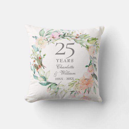 25th Wedding Anniversary Photo Roses Garland Throw Pillow
