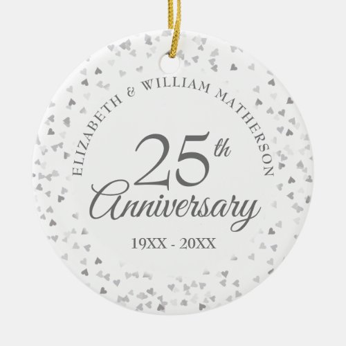 25th Wedding Anniversary Photo Silver Hearts Ceramic Ornament