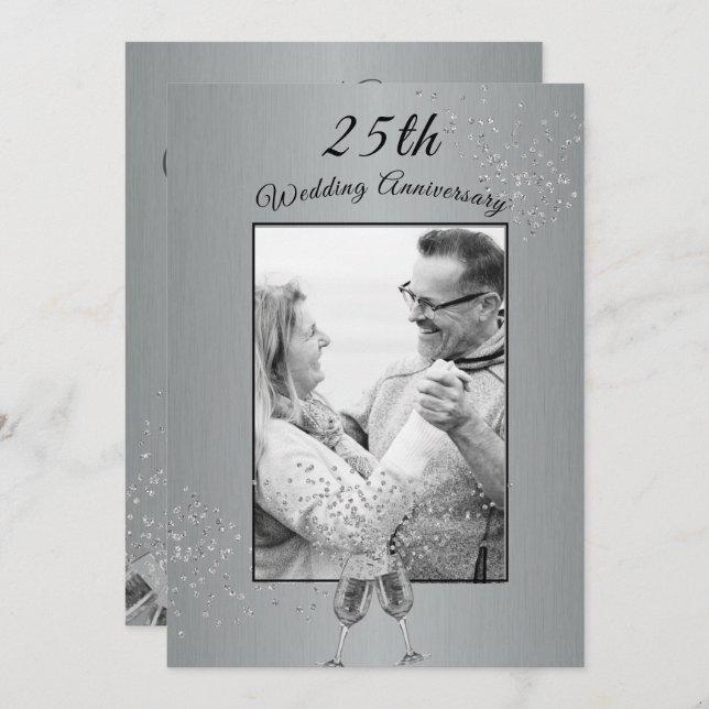 25th Wedding Anniversary Photo Silver Invitation (Front/Back)