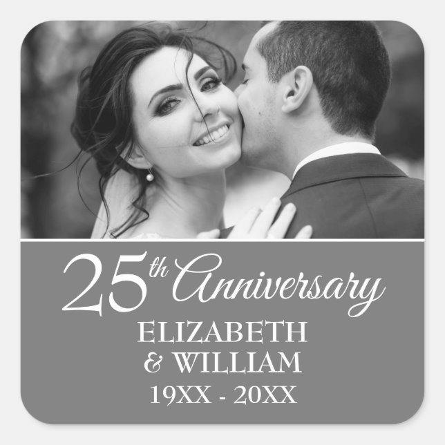 25th Wedding Anniversary Photo Simple Silver Square Sticker (Front)